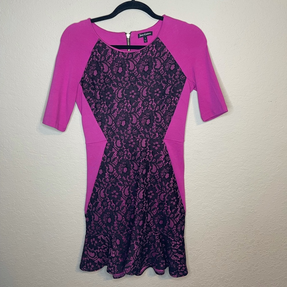 Juicy Fuchsia with Black Lace Overlay Dress